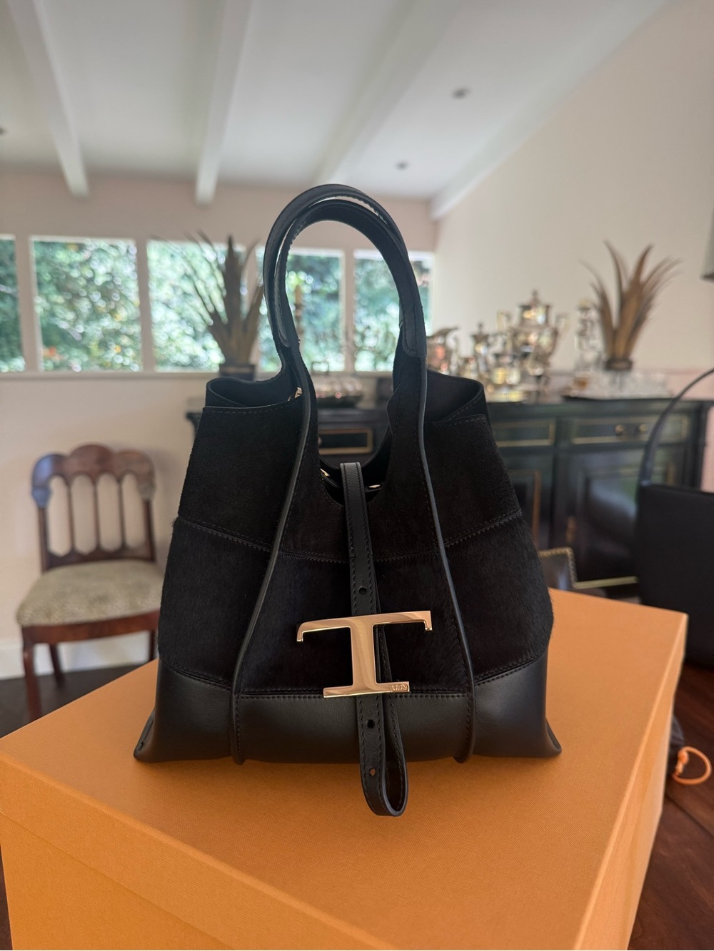 TOD’S Mini T Timeless Leather & Calf Hair Shopper Tote Bag